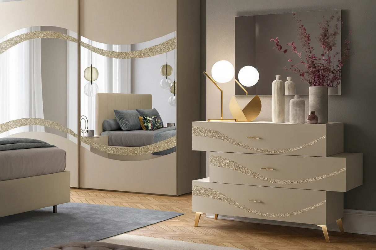 Camera da letto moderna Malta Canapa con letto contenitore e dettagli glitter oro