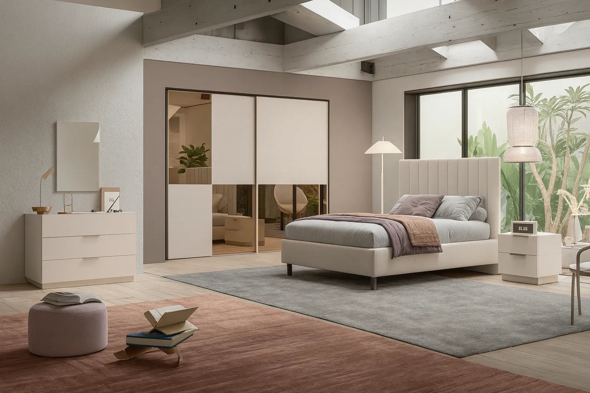 Camera da letto moderna Milano con letto contenitore, armadio scorrevole cashmere con specchi bronzati, comò e comodini