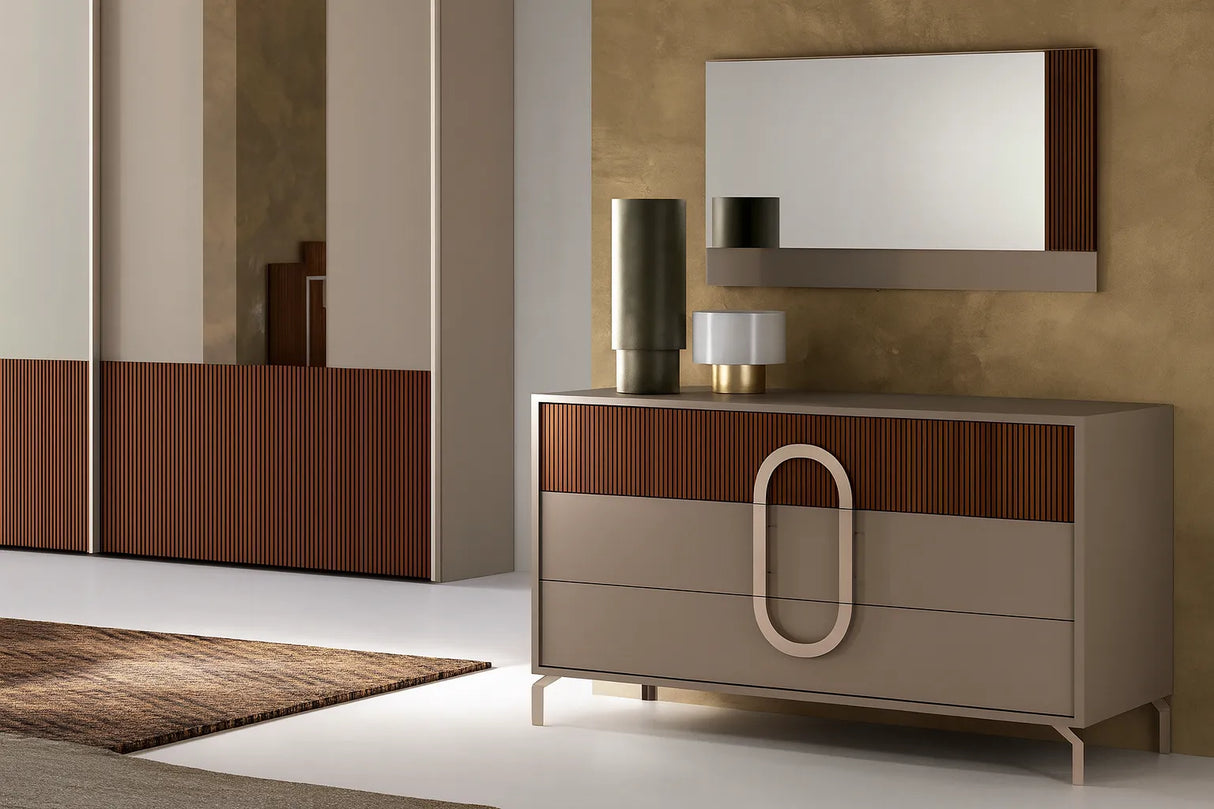 Camera da letto completa con letto contenitore e armadio scorrevole tortora e cannettato