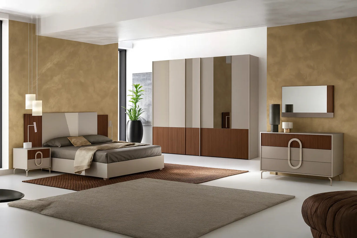 Camera da letto completa con letto contenitore e armadio scorrevole tortora e cannettato