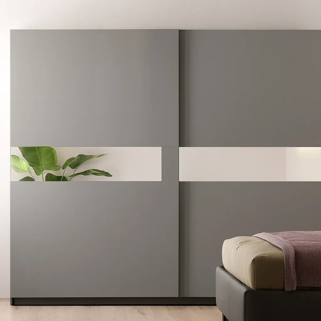 Camera da letto moderna Oslo con letto contenitore e armadio scorrevole grigio ardesia con specchi