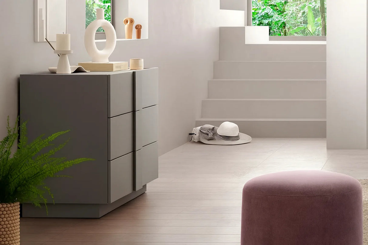 Camera da letto moderna Oslo con letto contenitore e armadio scorrevole grigio ardesia con specchi