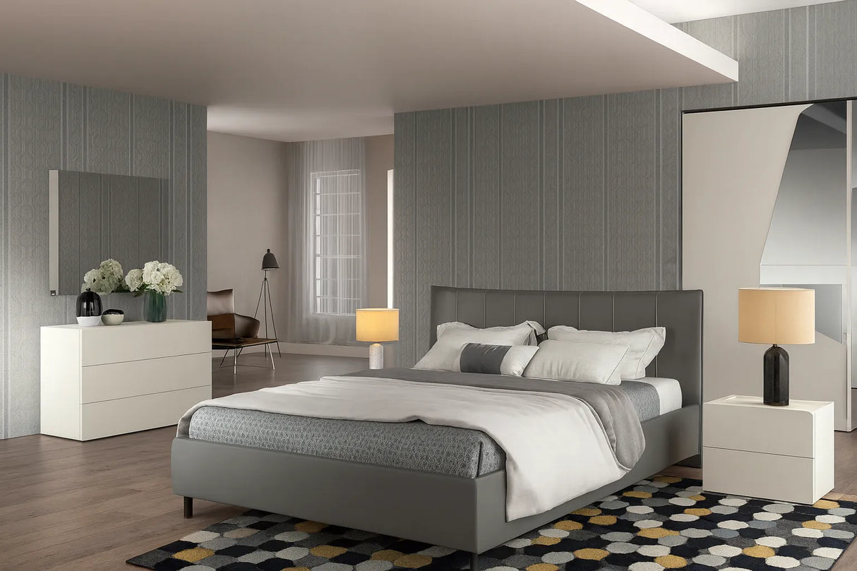 Camera da letto moderna praga con letto contenitore e armadio scorrevole frassino grigio e laccato