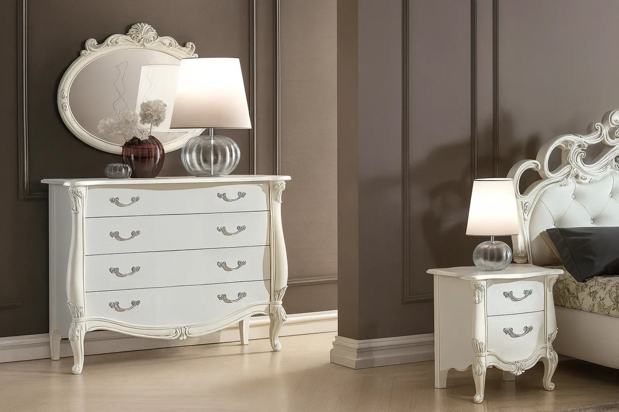 Camera da Letto Ragusa in bianco larix con contenitore, testiera capitonné e armadio decorato – Europa Mobili