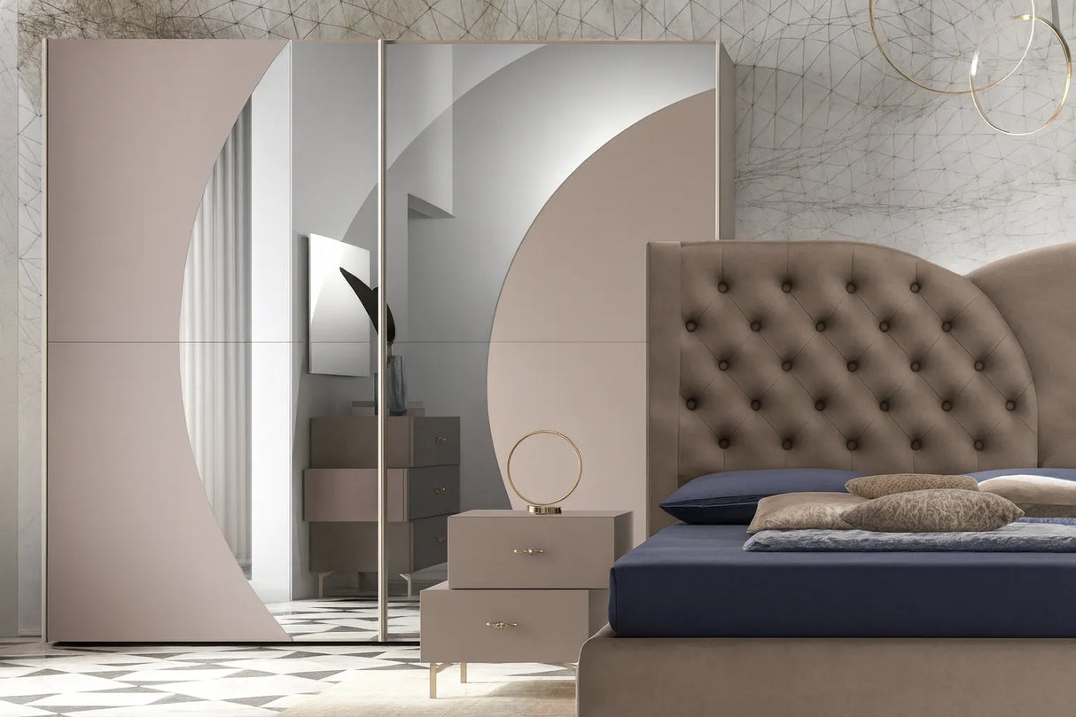 Camera da letto moderna con letto contenitore, armadio scorrevole, comò e comodini