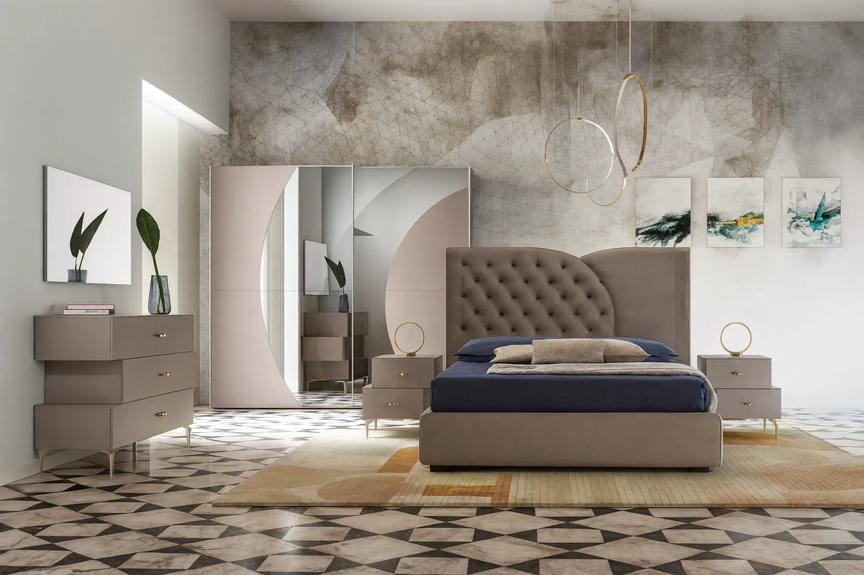 Camera da letto moderna con letto contenitore, armadio scorrevole, comò e comodini