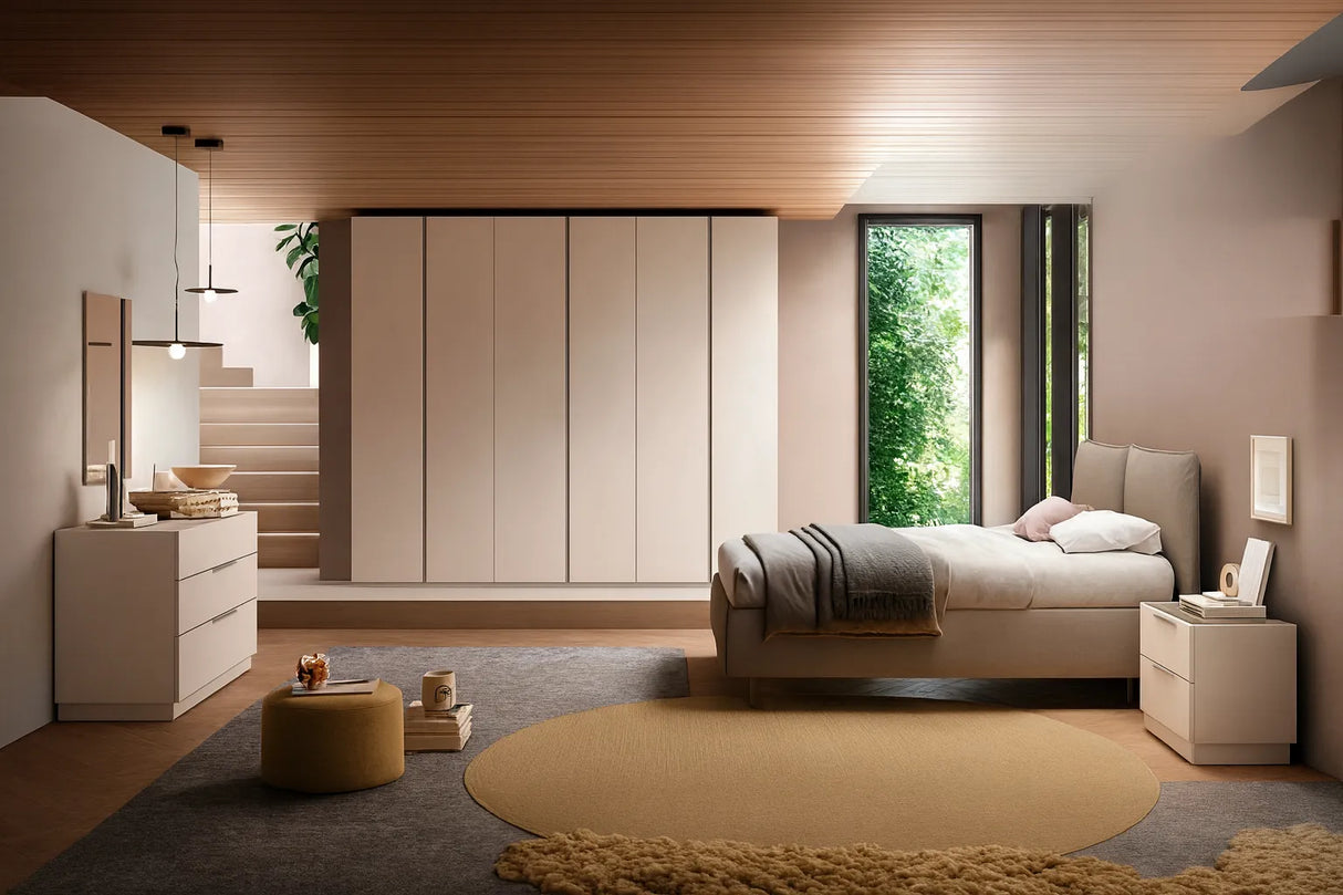 Camera da letto moderna Sakura con letto contenitore e armadio battente cachemire con maniglie antracite