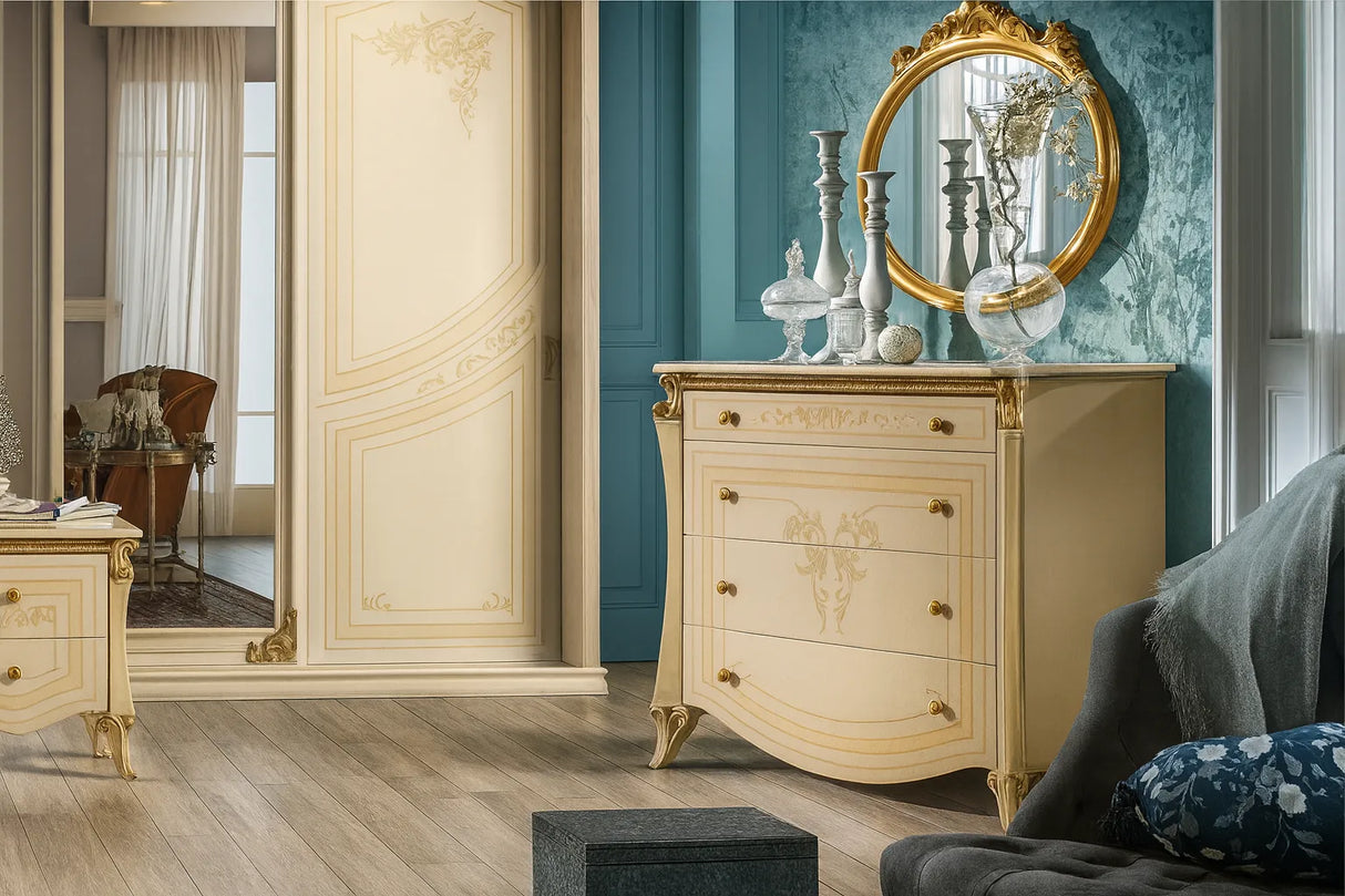 Camera da Letto siracusa patinato beige con letto contenitore e dettagli dorati – Europa Mobili