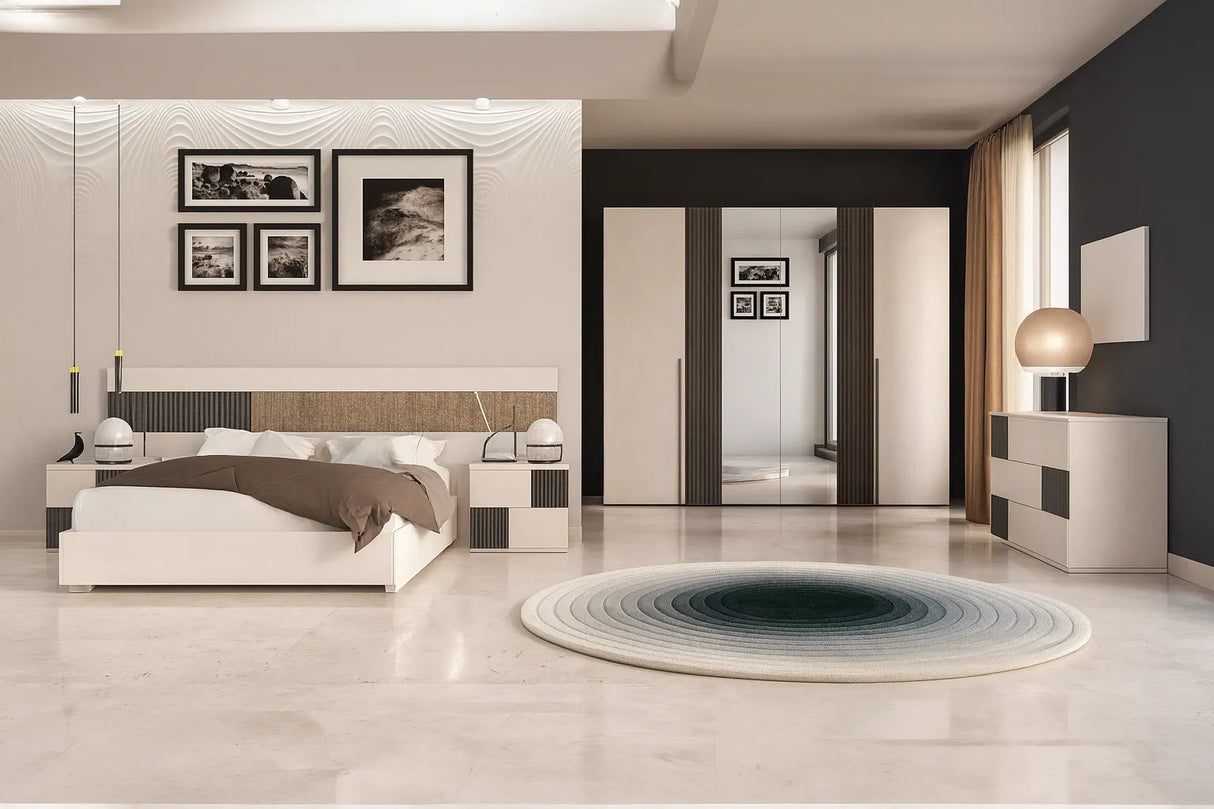 Camera da letto moderna Siviglia con letto contenitore e armadio battente in finitura calce e canettato