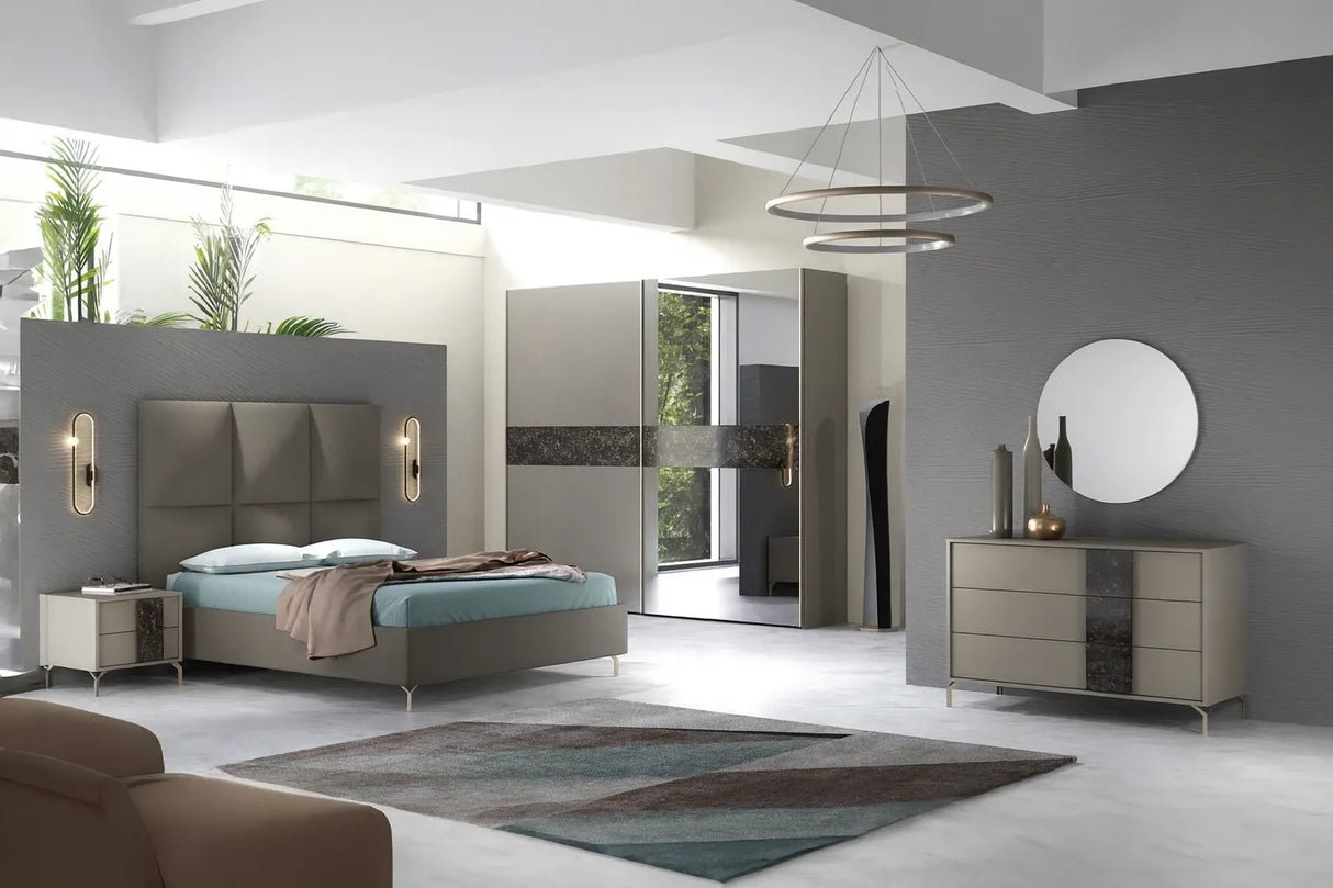 Camera da letto moderna Torino con letto contenitore e armadio scorrevole effetto pelle tortora chiaro