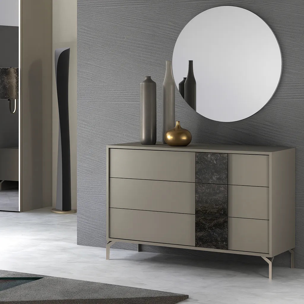 Camera da letto moderna Torino con letto contenitore e armadio scorrevole effetto pelle tortora chiaro