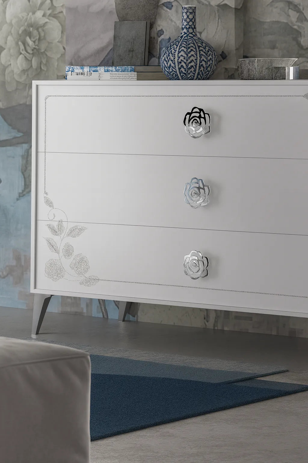 Camera da Letto Toronto Bianca con contenitore, finitura bianco frassinato e dettagli argento – Europa Mobili