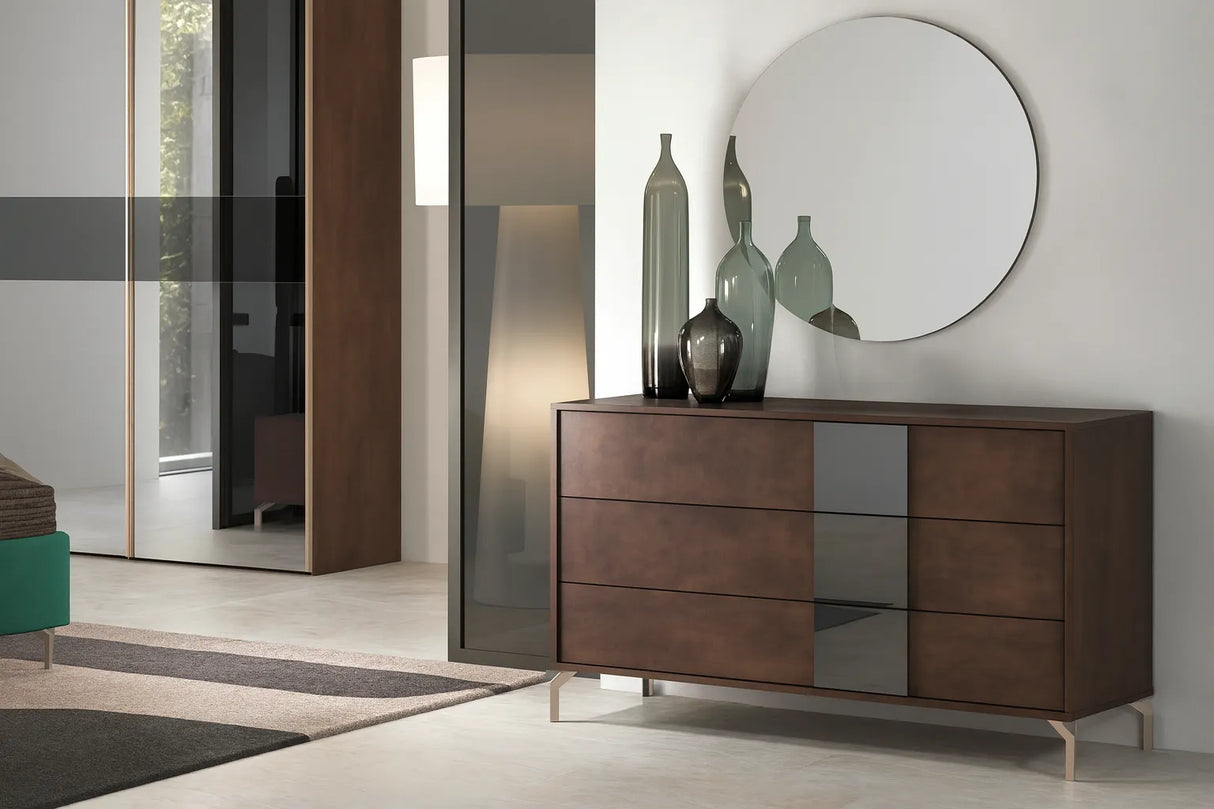 Camera da letto moderna Trieste con letto contenitore verde e armadio scorrevole effetto bronzo