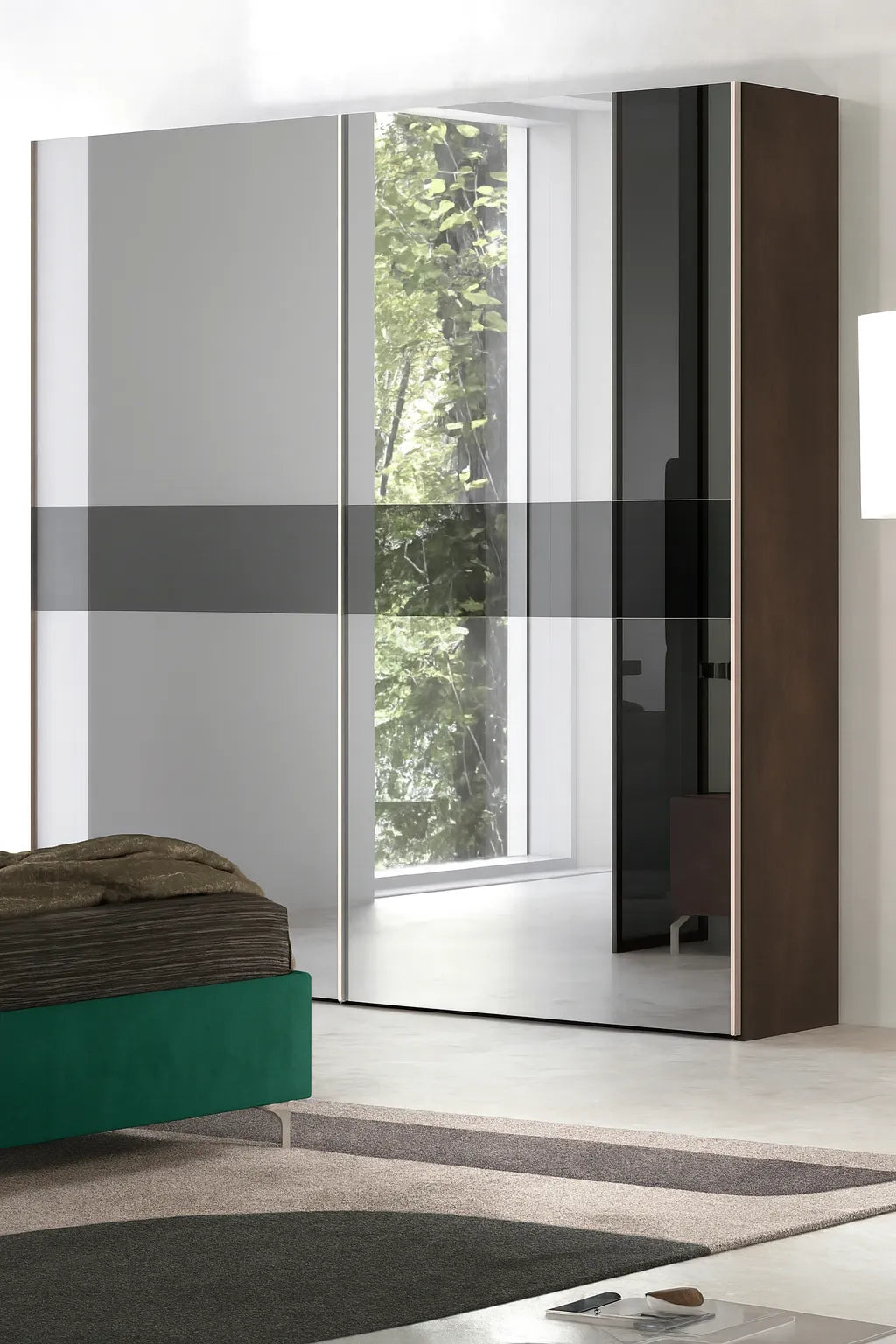 Camera da letto moderna Trieste con letto contenitore verde e armadio scorrevole effetto bronzo