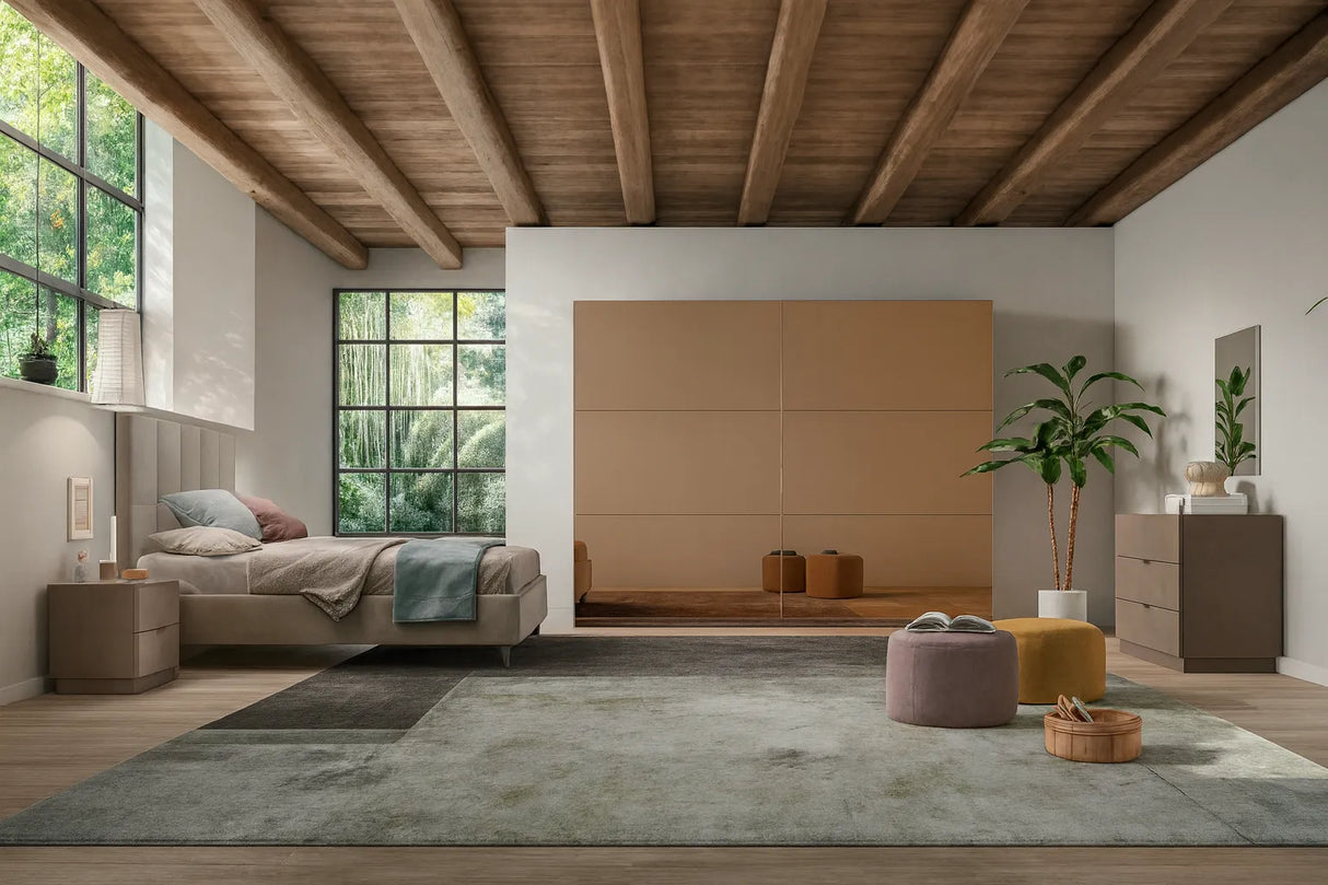 Camera da letto moderna Valencia con letto contenitore e armadio scorrevole bronzo con specchi bronzati