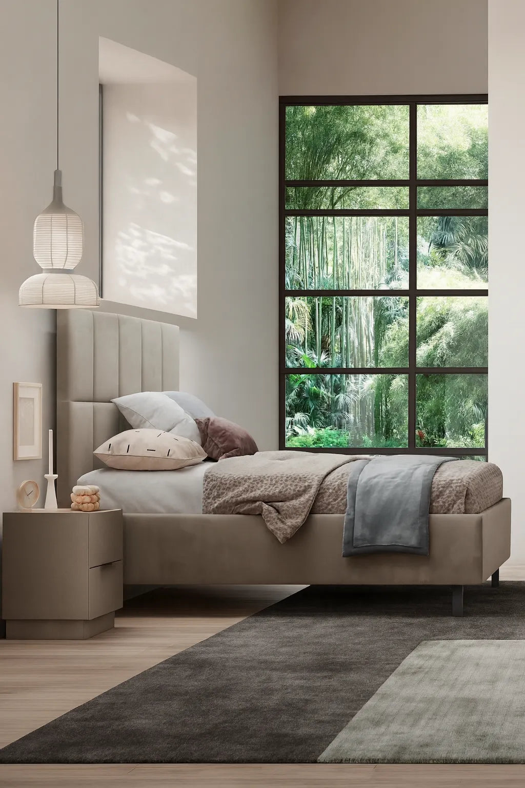 Camera da letto moderna Valencia con letto contenitore e armadio scorrevole bronzo con specchi bronzati