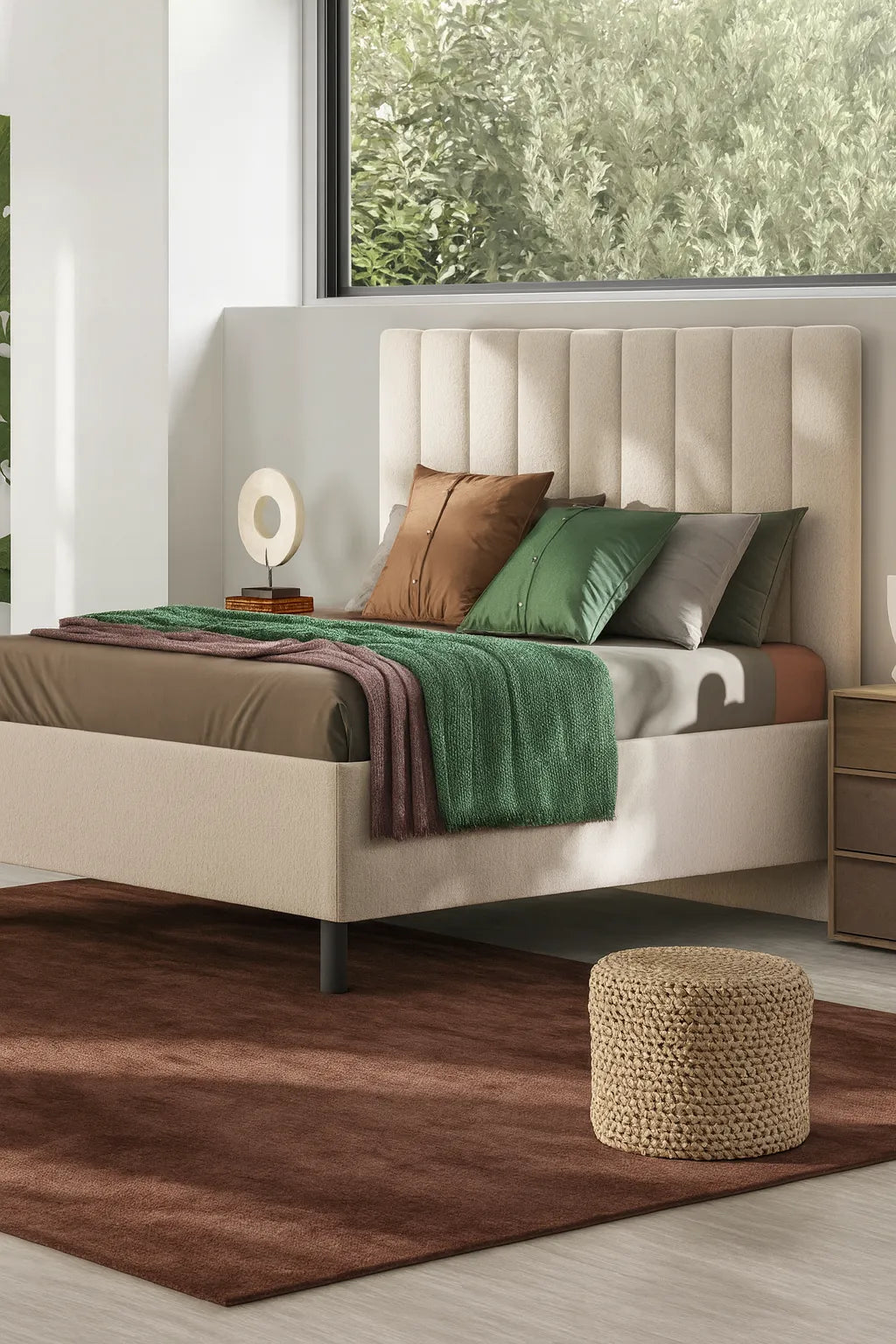 Camera da letto moderna Venezia, letto con o senza contenitore, armadio scorrevole, comò e comodini finitura bronzo, mercure e vetro bronzato