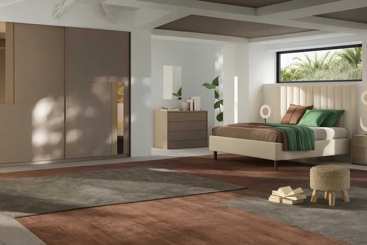 Camera da letto moderna Venezia, letto con o senza contenitore, armadio scorrevole, comò e comodini finitura bronzo, mercure e vetro bronzato