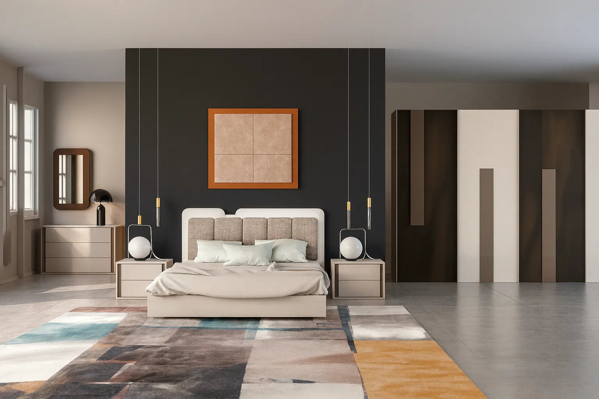 Camera da letto moderna Verona con letto contenitore e armadio scorrevole finitura cachemire e nuvola