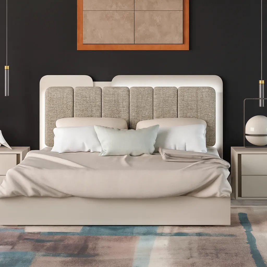 Camera da letto moderna Verona con letto contenitore e armadio scorrevole finitura cachemire e nuvola