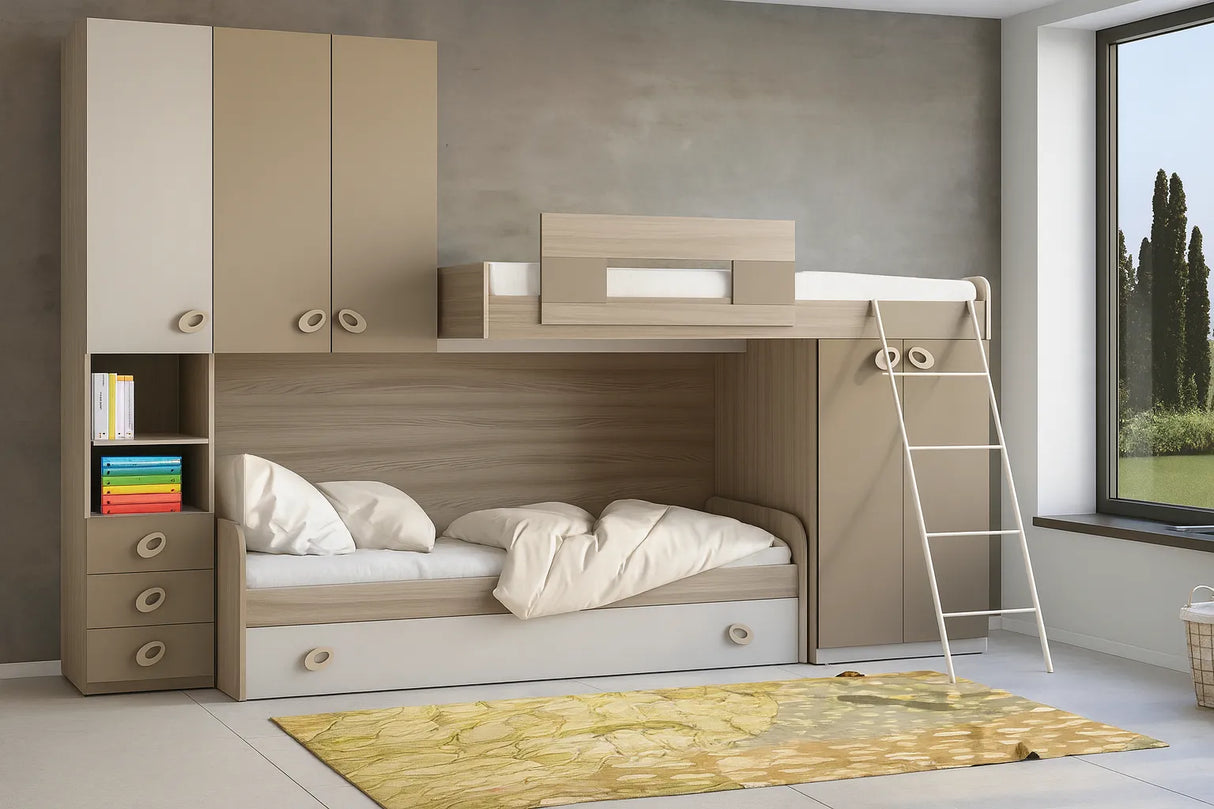 Cameretta Achillea Soppalco in finitura olmo, visone e light grey con due letti, armadi integrati e scaletta frontale.