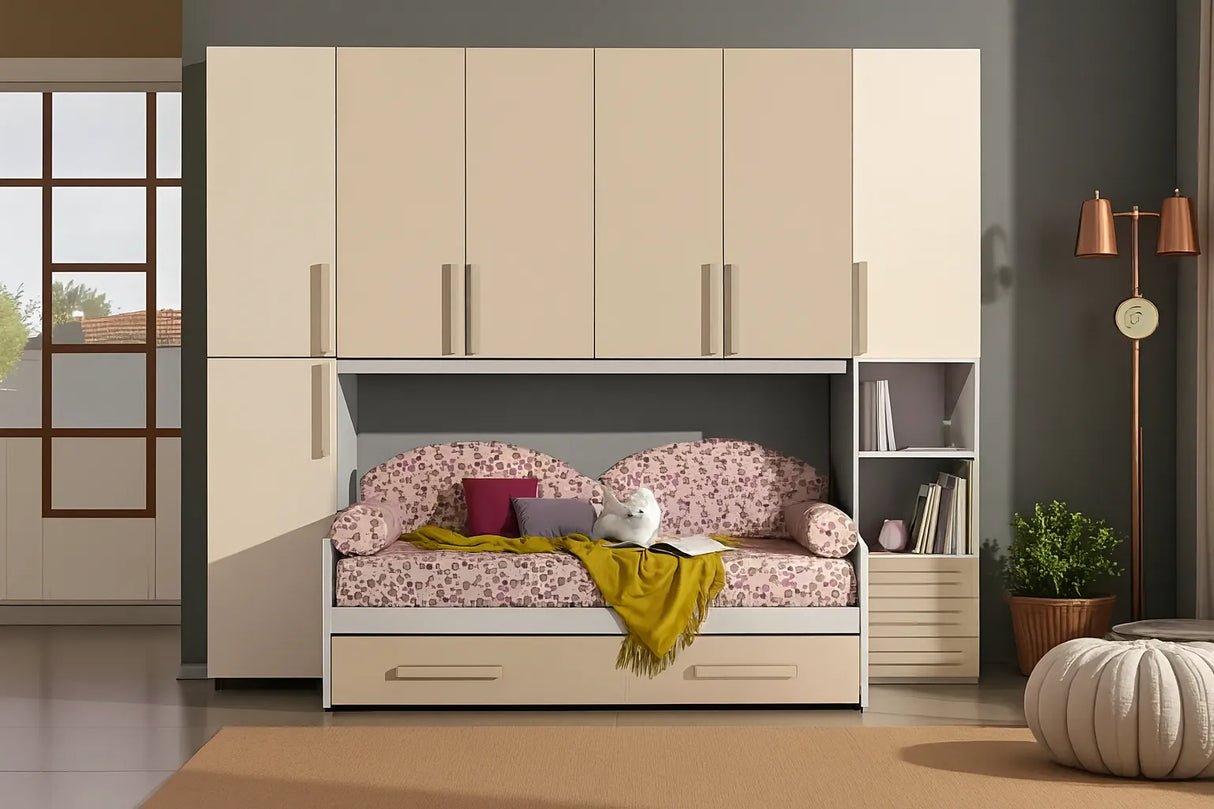 Cameretta Anemone a ponte panna e visone con doppio letto e ampi armadi contenitore – Europa Mobili