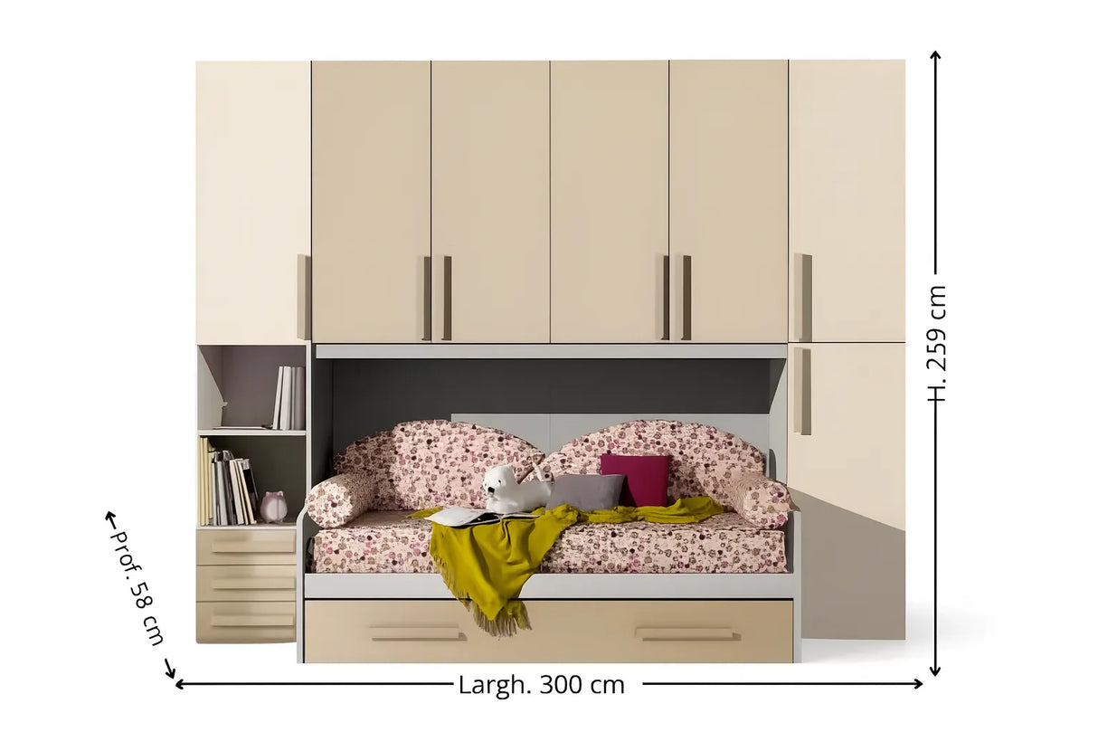 Cameretta Anemone a ponte panna e visone con doppio letto e ampi armadi contenitore – Europa Mobili