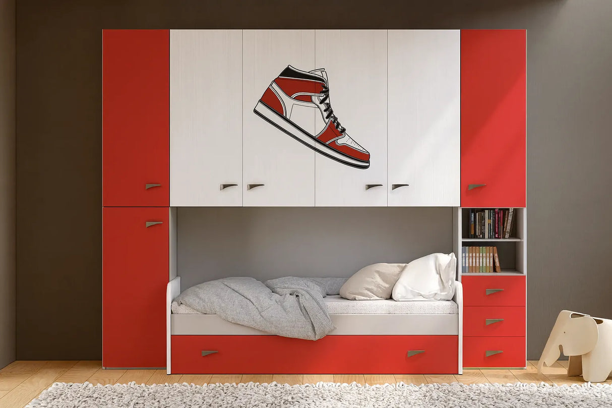 Cameretta Begonia a ponte disponibile in rosso, verde o blu con doppio letto e cabina opzionale da 90 cm – Europa Mobili