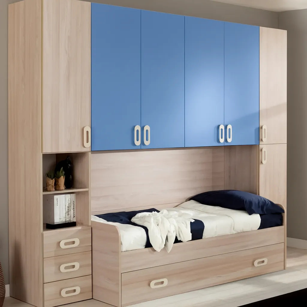 Cameretta Bluebell a ponte olmo e azzurro con doppio letto e armadio contenitore – Europa Mobili
