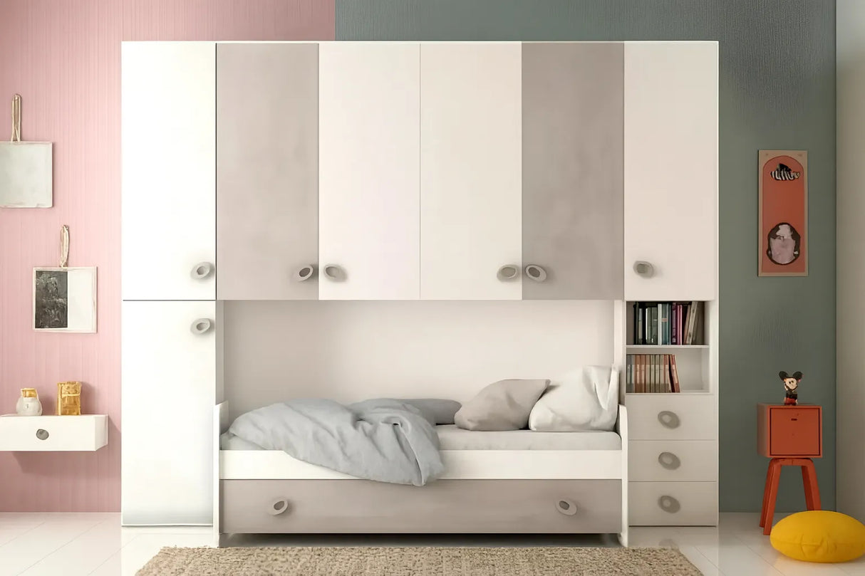 Cameretta Camellia a ponte color calce e cemento con doppio letto e armadio contenitore – Europa Mobili