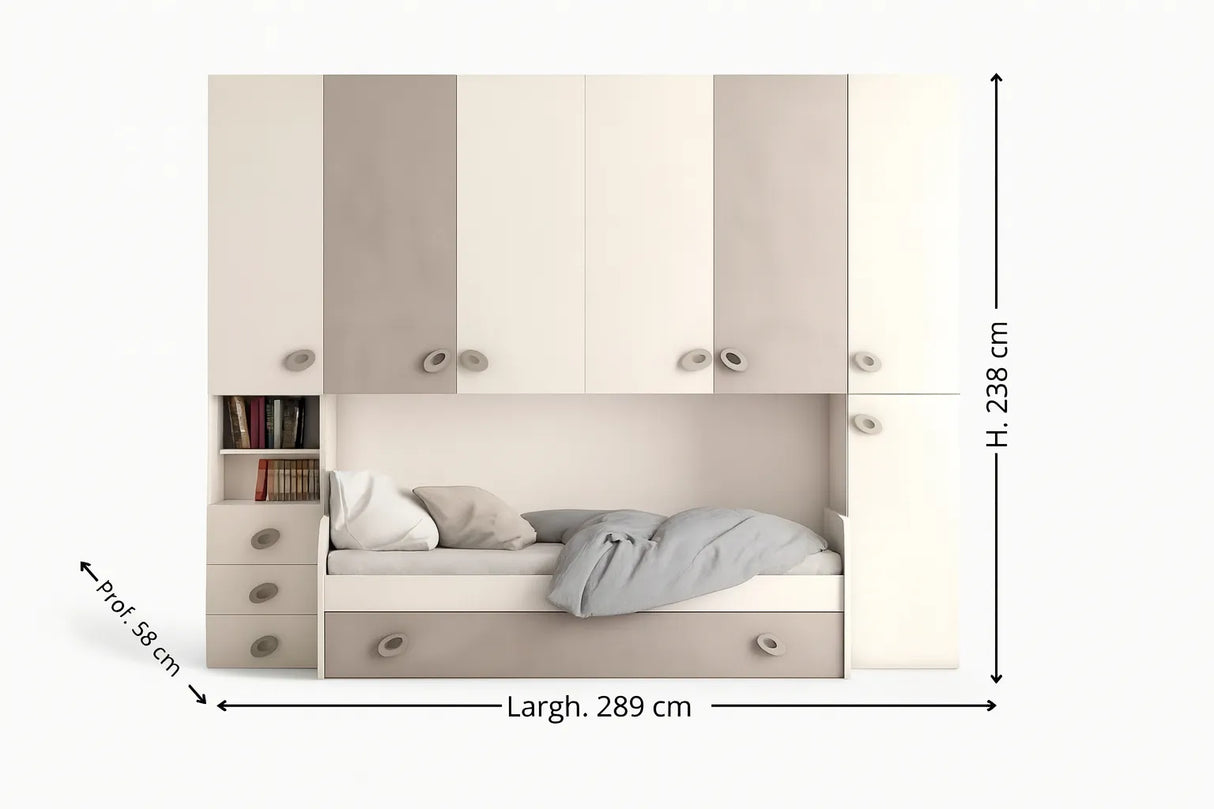 Cameretta Camellia a ponte color calce e cemento con doppio letto e armadio contenitore – Europa Mobili