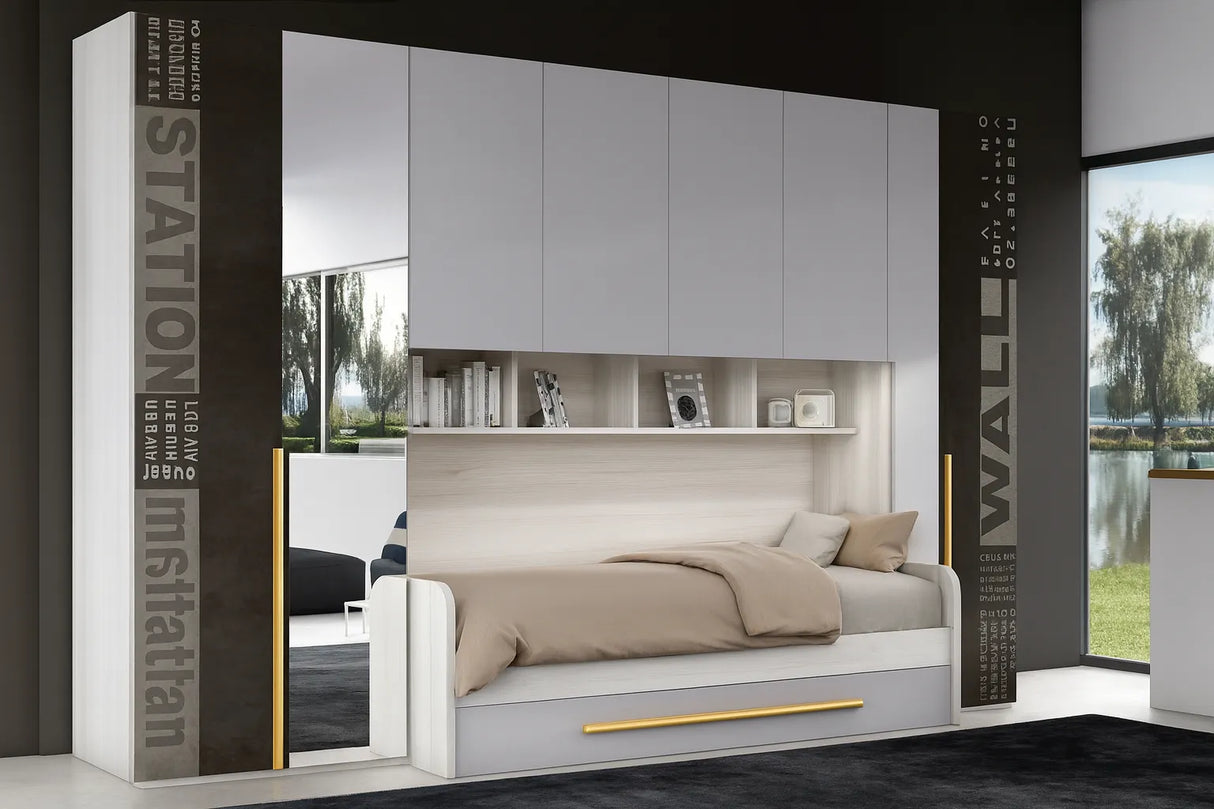 Cameretta Crocus a ponte in frassino ghiaccio e ossido con doppio letto e armadio contenitore – Europa Mobili