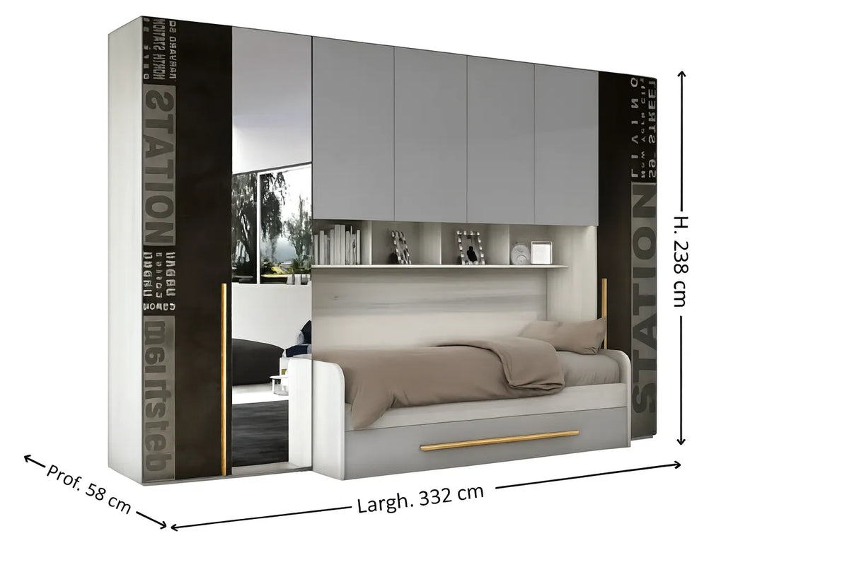 Cameretta Crocus a ponte in frassino ghiaccio e ossido con doppio letto e armadio contenitore – Europa Mobili