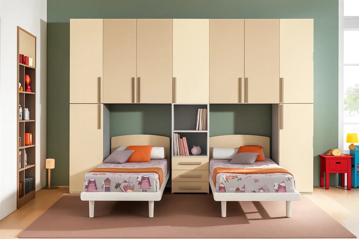 Cameretta Cyanus doppio ponte in finitura panna e visone con due letti singoli e armadi integrati – Europa Mobili