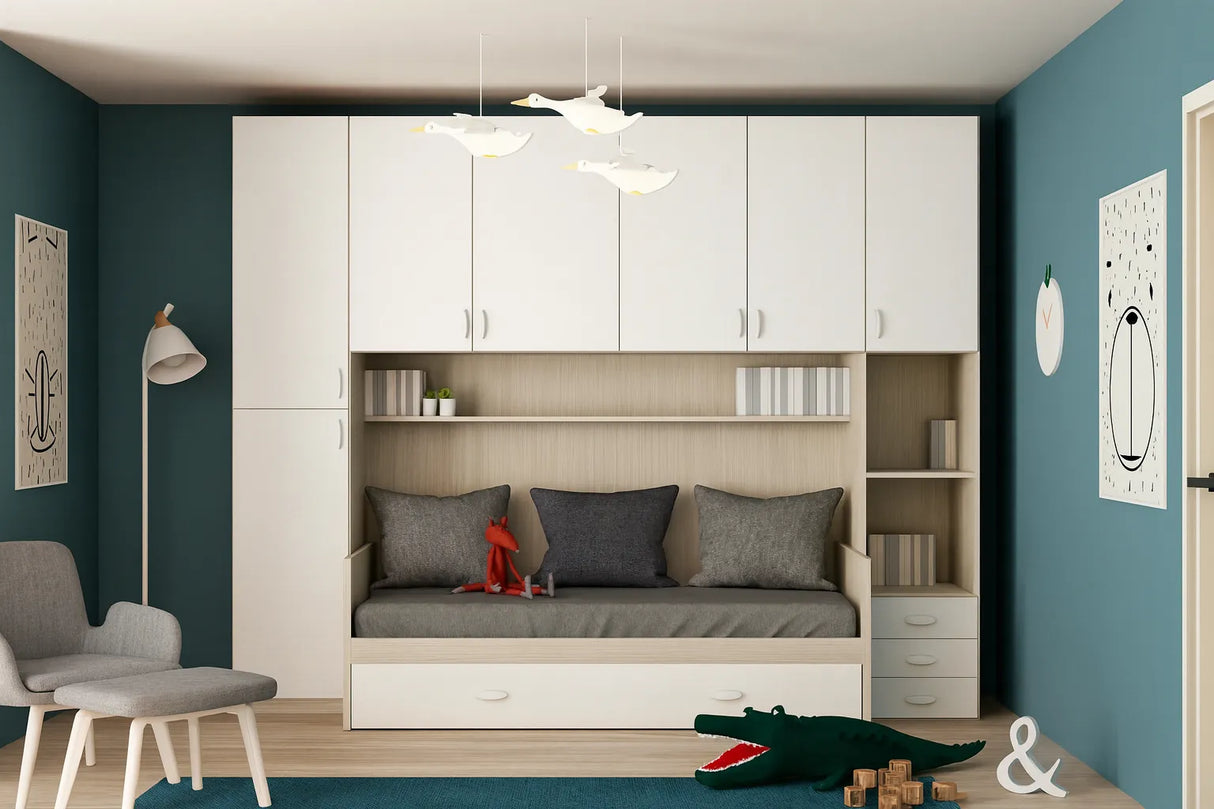 Cameretta Dahlia a ponte bianco e cenere con doppio letto a doghe e armadio contenitore – Europa Mobili