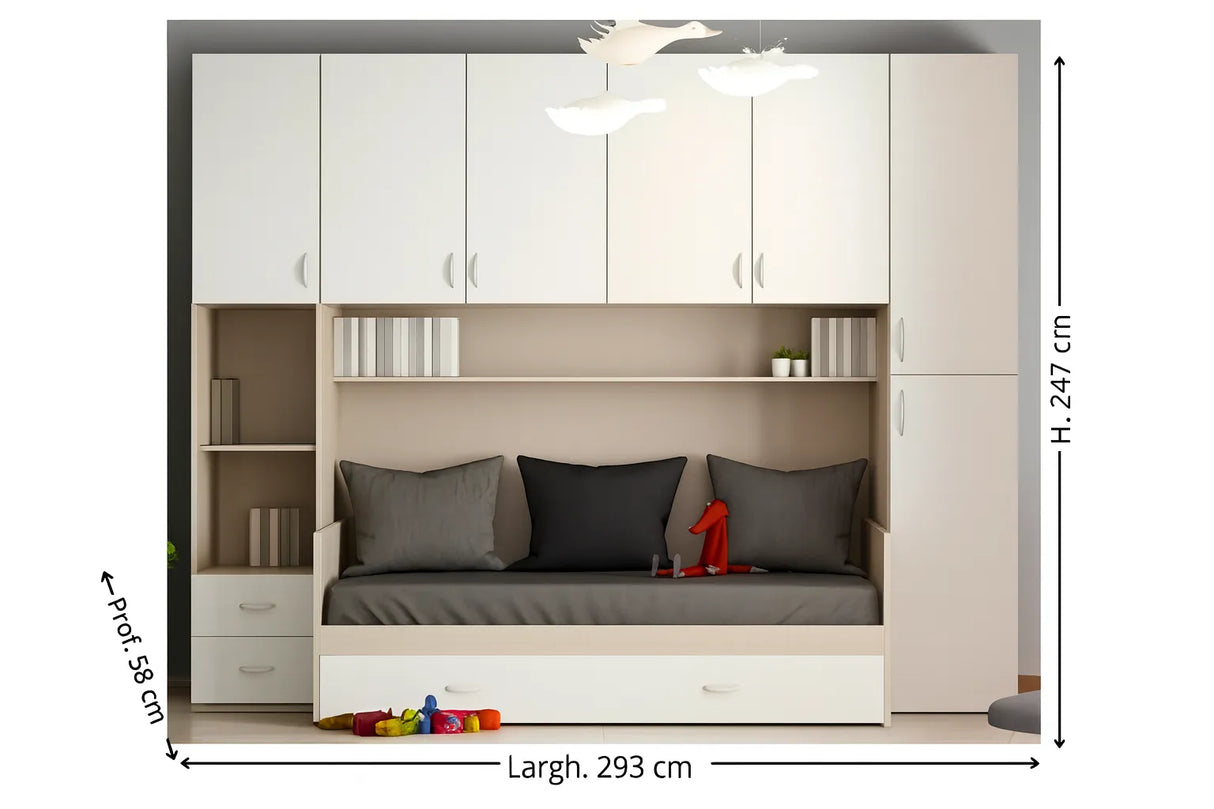 Cameretta Dahlia a ponte bianco e cenere con doppio letto a doghe e armadio contenitore – Europa Mobili