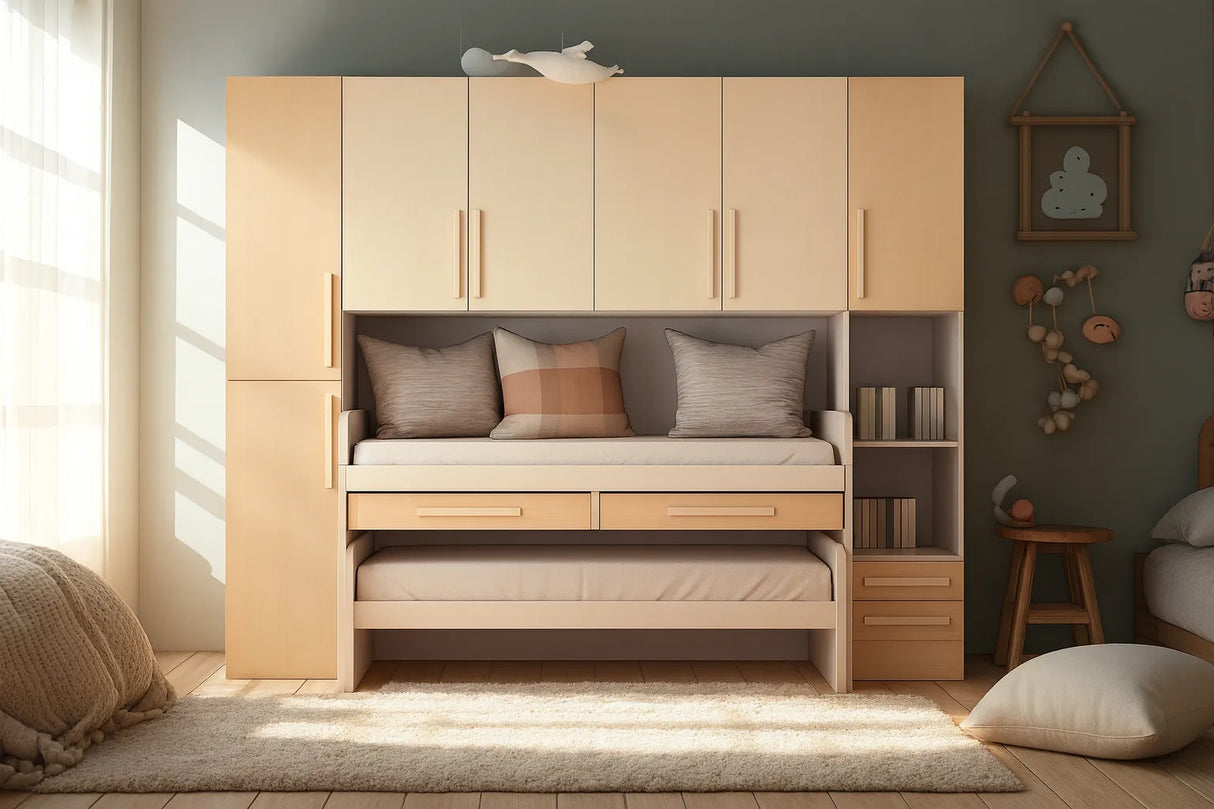 Cameretta Daisy a ponte in finitura panna e visone con doppio letto e vani contenitore – Europa Mobili
