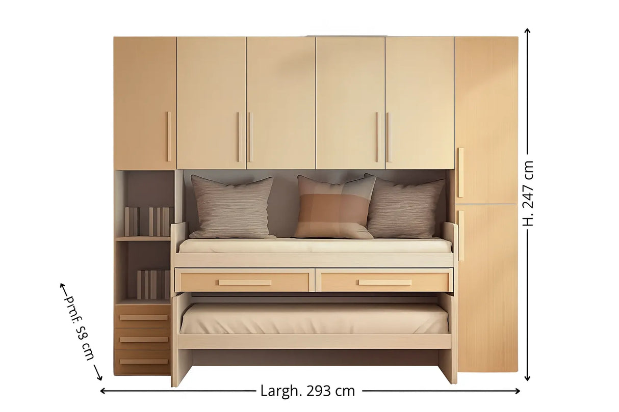 Cameretta Daisy a ponte in finitura panna e visone con doppio letto e vani contenitore – Europa Mobili