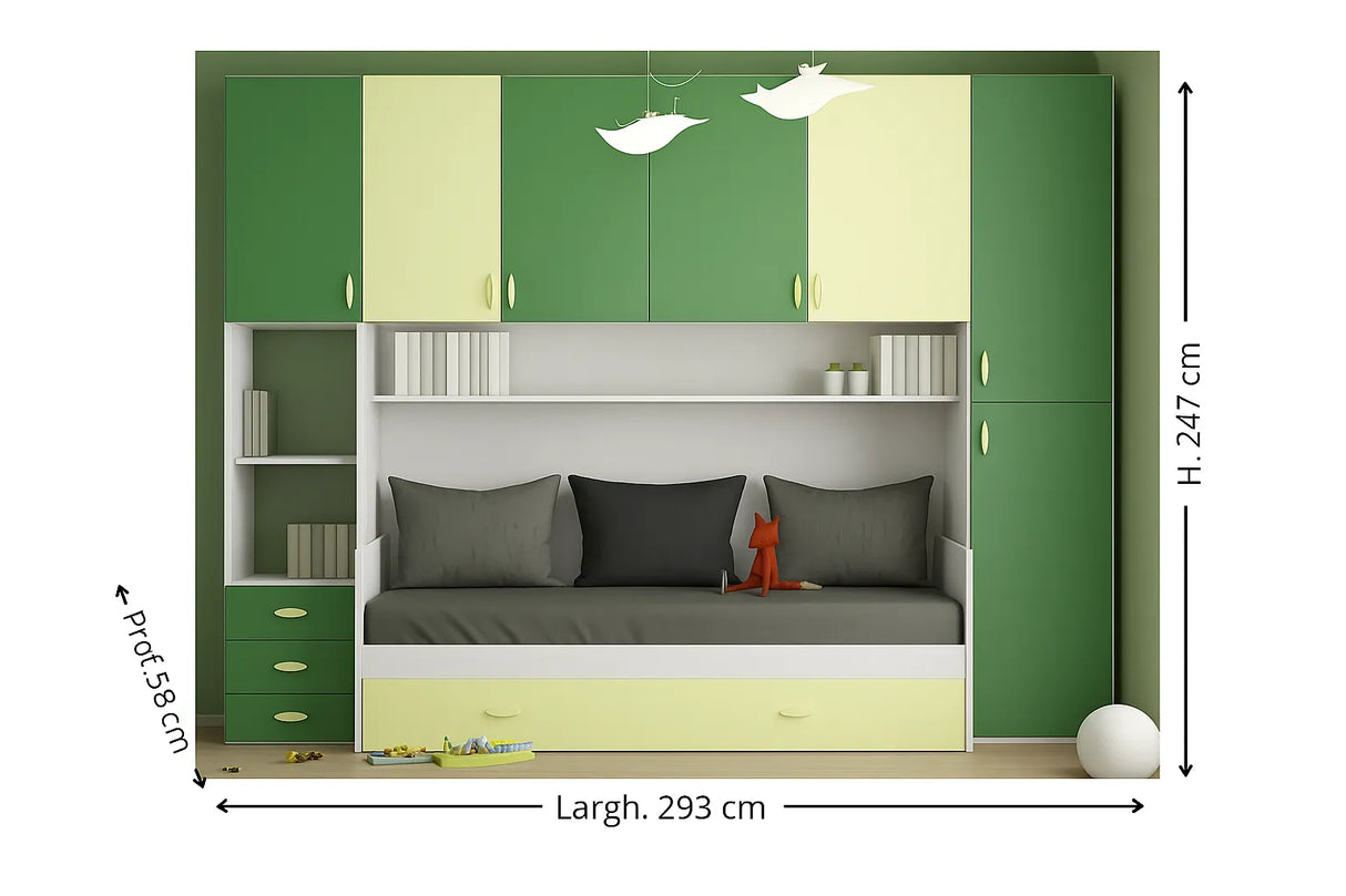 Cameretta Geranium a ponte verde mela e salvia con doppio letto e armadio contenitore – Europa Mobili
