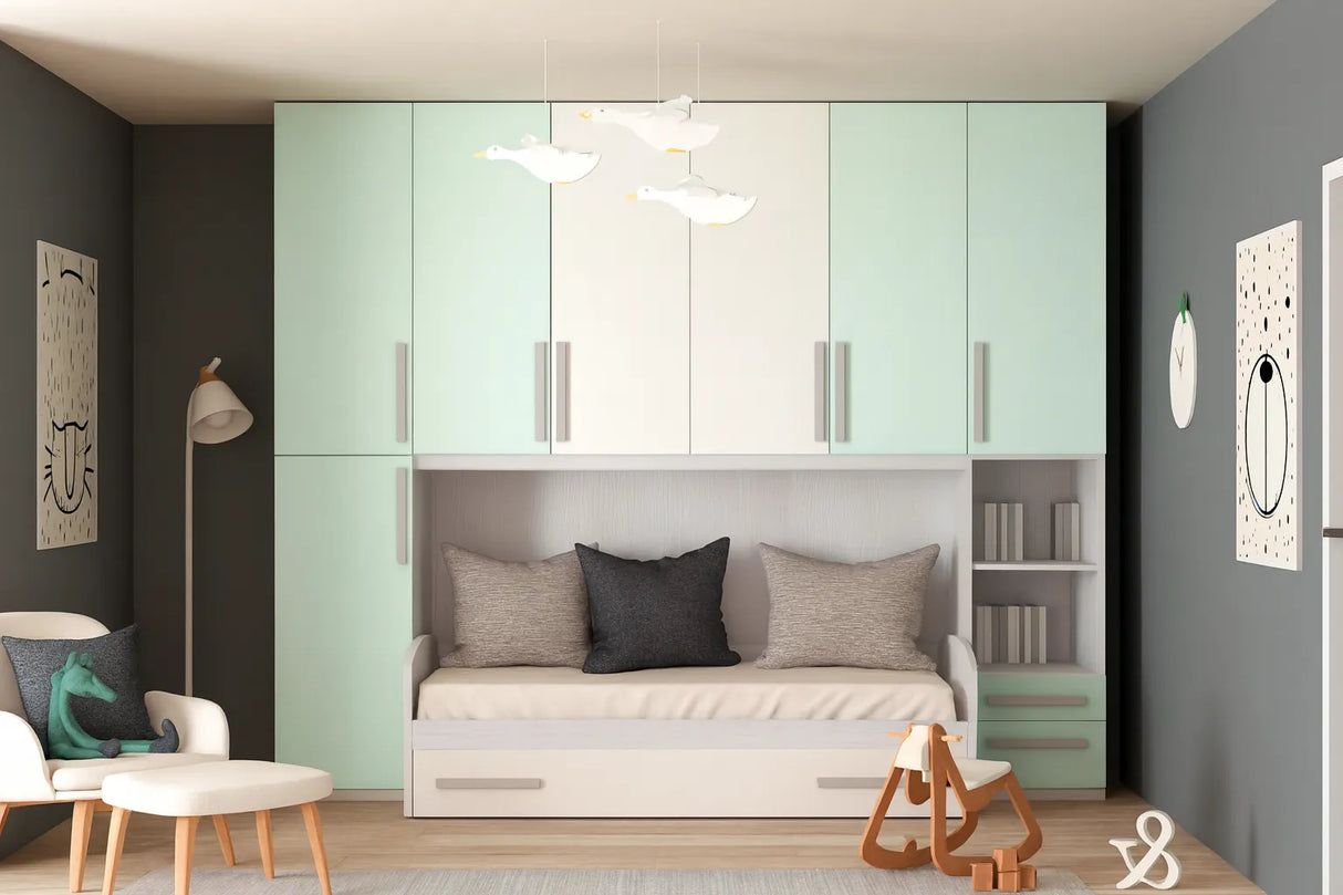 Cameretta Lotus a ponte bianco e verde latte menta con doppio letto e armadio contenitore – Europa Mobili