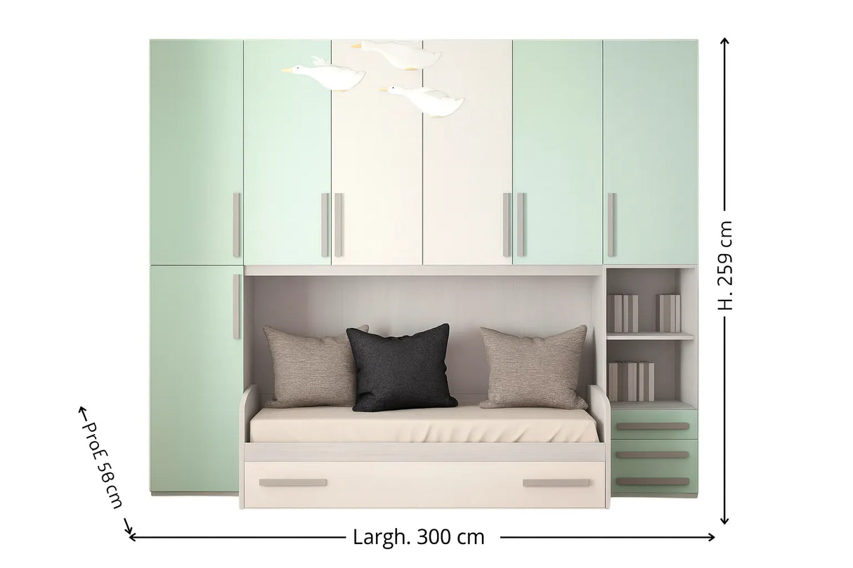 Cameretta Lotus a ponte bianco e verde latte menta con doppio letto e armadio contenitore – Europa Mobili