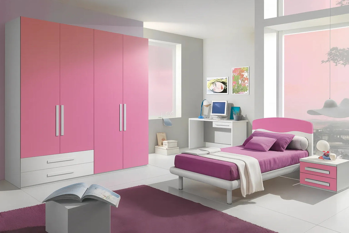 Cameretta Malva in finitura bianco e ciclamino con letto singolo, armadio, comodino e scrivania coordinati.