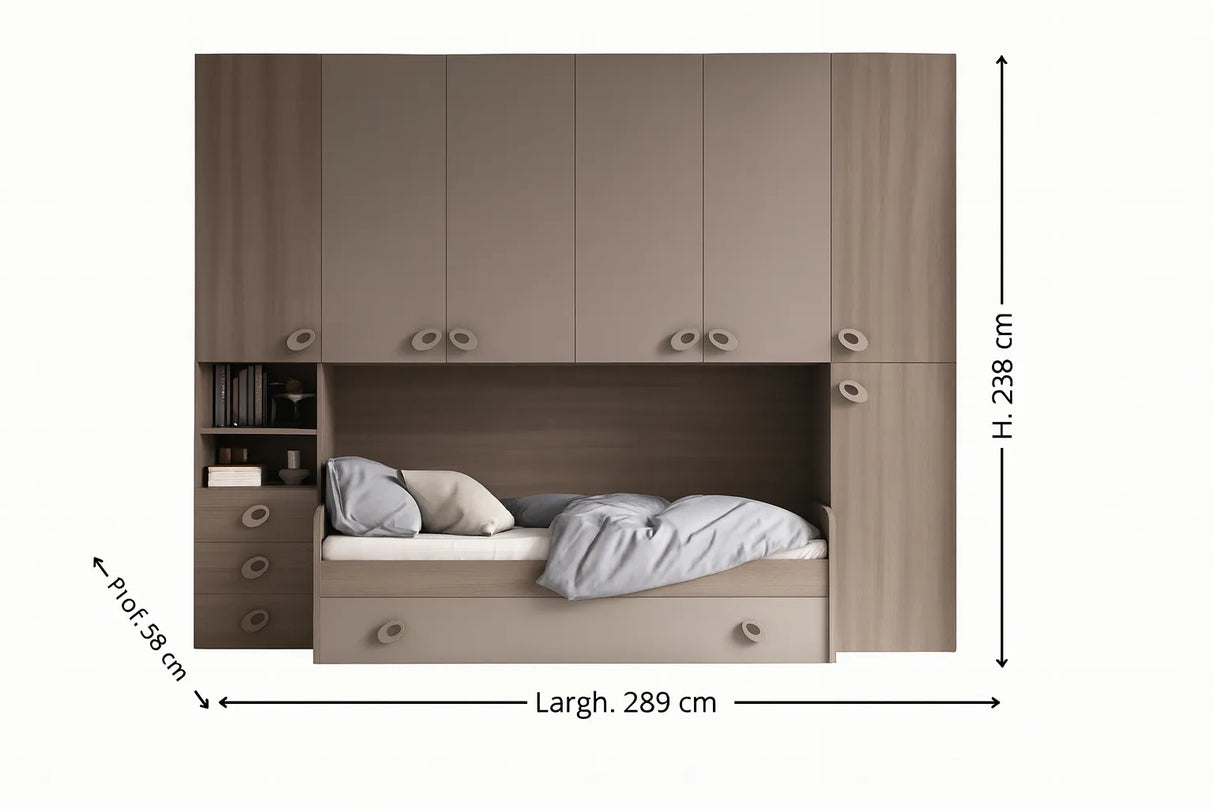Cameretta Marigold a ponte in olmo e visone con doppio letto a doghe e armadio contenitore – Europa Mobili