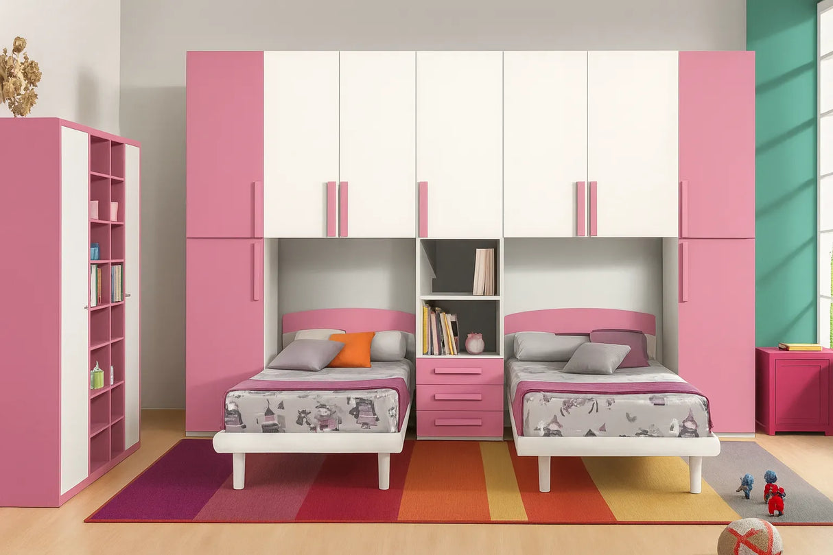 Cameretta Orchid doppio ponte in bianco e ciclamino con due letti singoli e armadi integrati – Europa Mobili