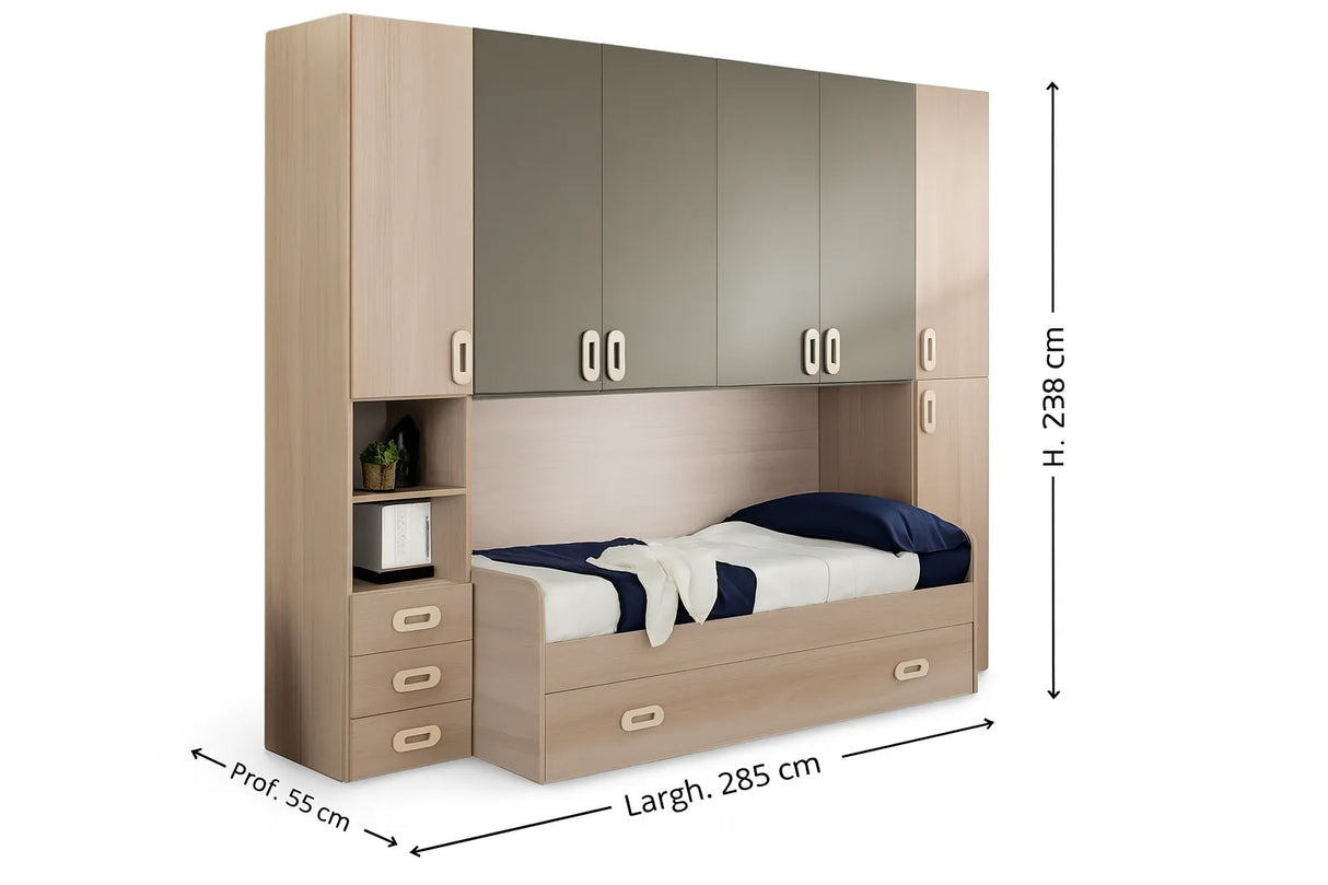 Cameretta Peony a ponte in olmo e visone con doppio letto e armadio contenitore – Europa Mobili