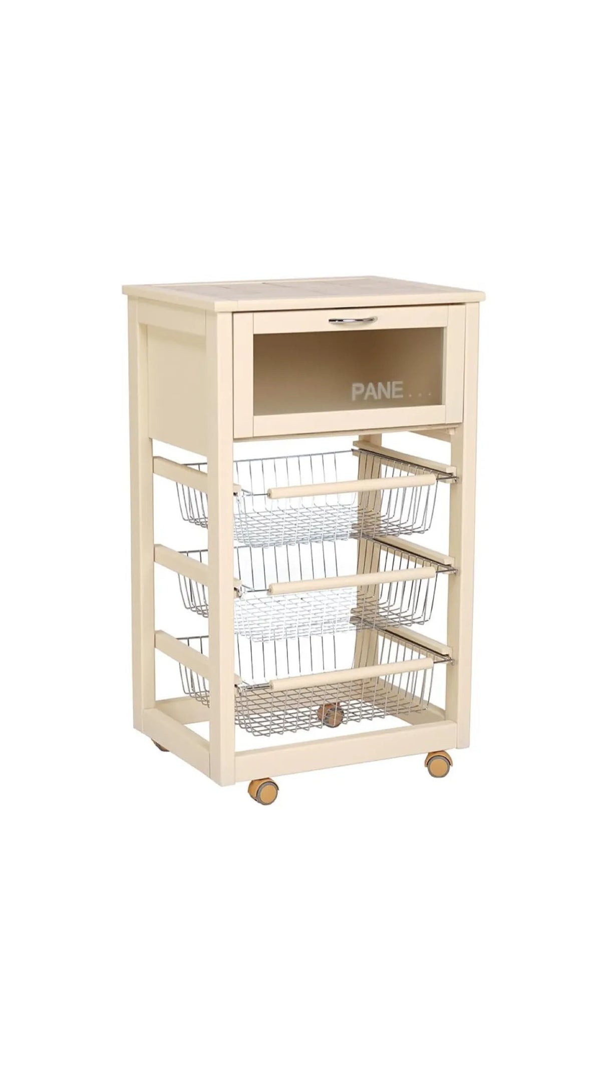 Carrello cucina in legno bianco con cesti in acciaio e piano in ceramica