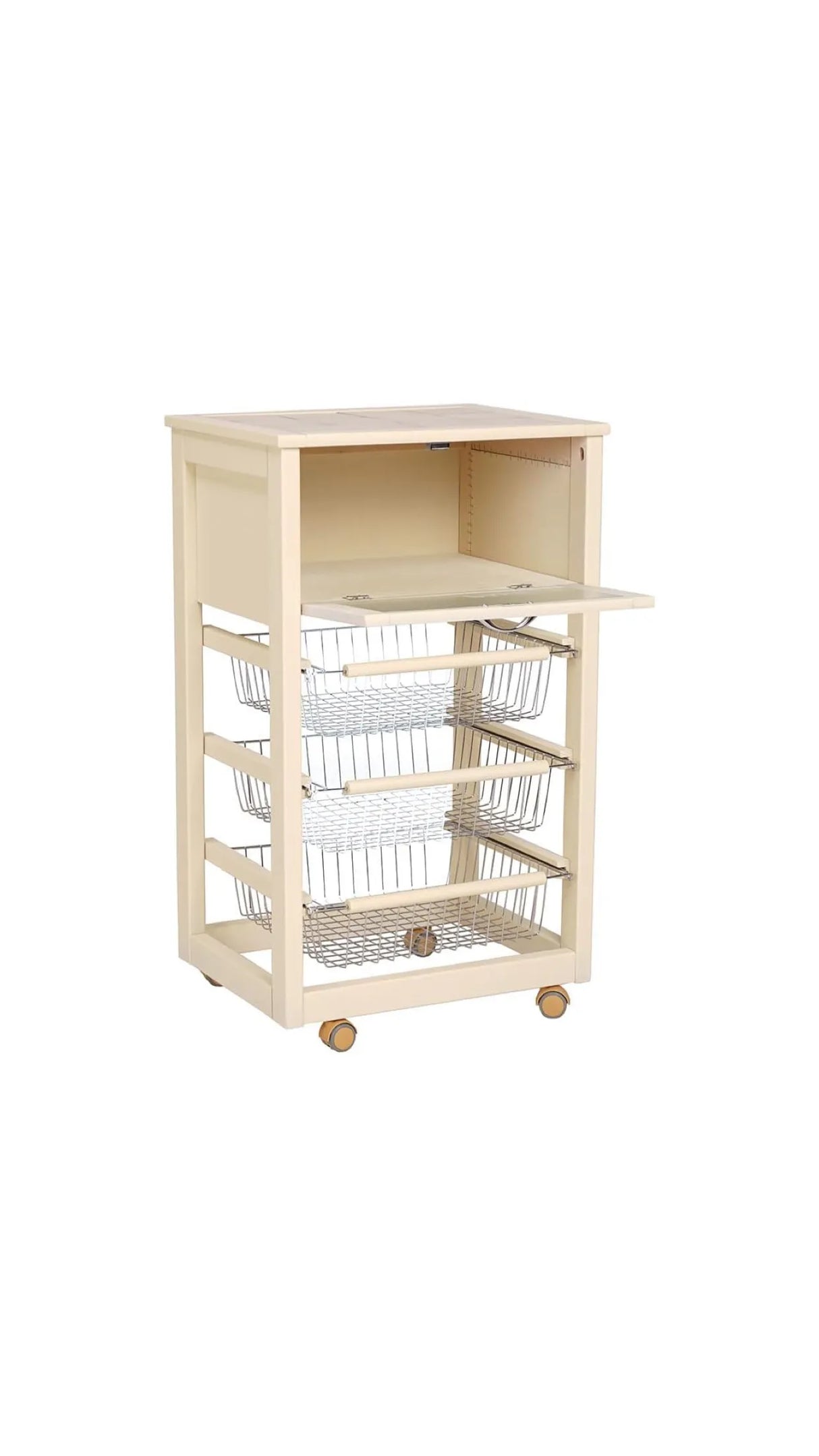 Carrello cucina in legno bianco con cesti in acciaio e piano in ceramica