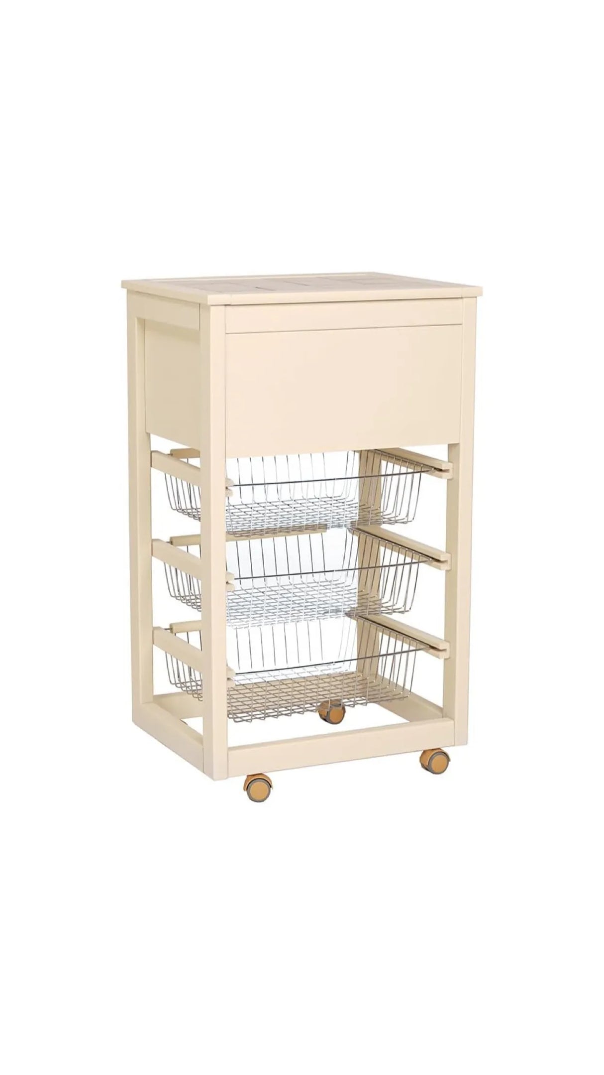 Carrello cucina in legno bianco con cesti in acciaio e piano in ceramica