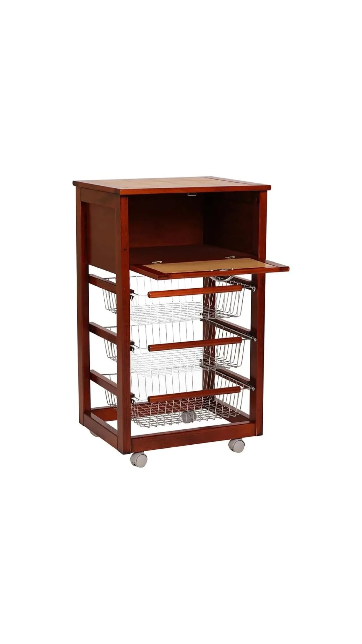 Carrello da cucina ciliegio con anta porta pane, cestelli in acciaio e piano in ceramica