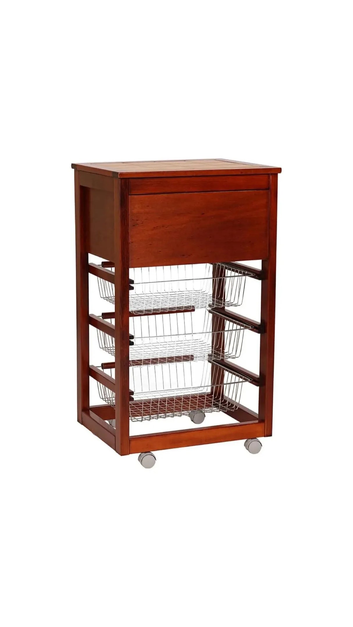 Carrello da cucina ciliegio con anta porta pane, cestelli in acciaio e piano in ceramica